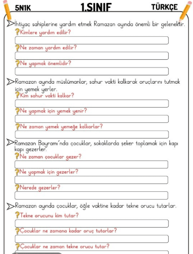 1. Sınıf Cümlede Anlam Çalışmaları (5N1K) (Ramazanla İlgili))
