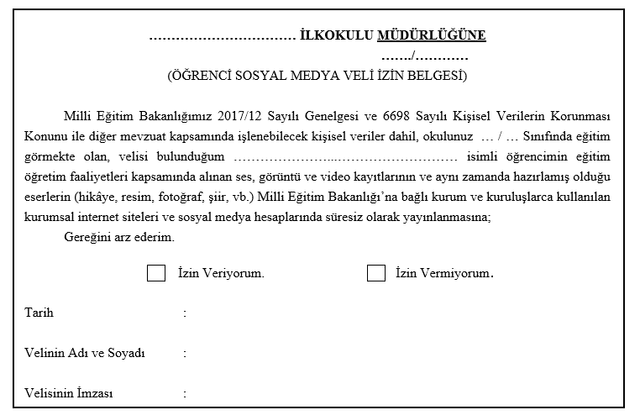 Sosyal Medya - Web Sitesinde Paylaşımlar İçin Veli İzin Dilekçesi