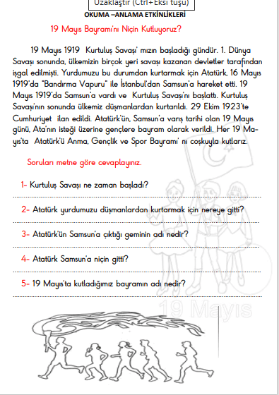 1. Sınıf Türkçe 19 Mayıs Okuma Anlama Metni Ve Soruları