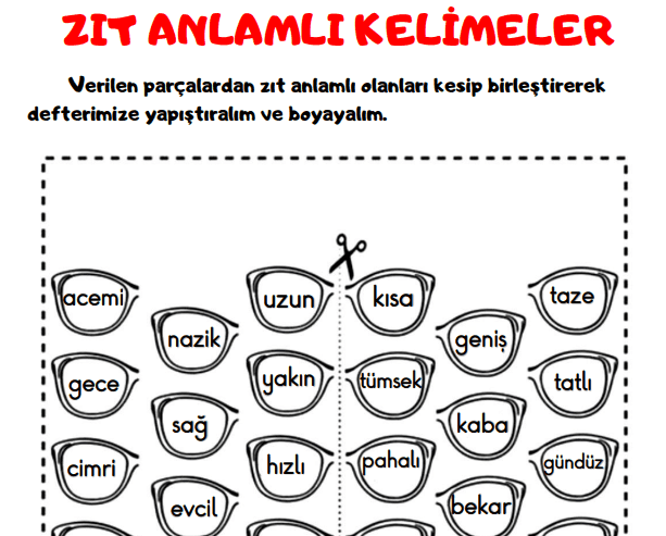 Zıt Anlamlı Kelimeler Gözlük Etkinliği Kes Yapıştır 