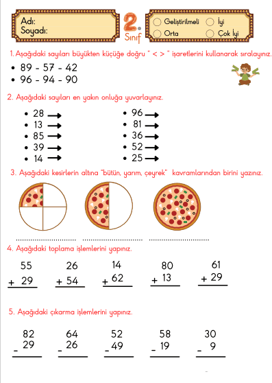 2. Sınıf Matematik 2. Dönem Süreç Değerlendirme Sınavı