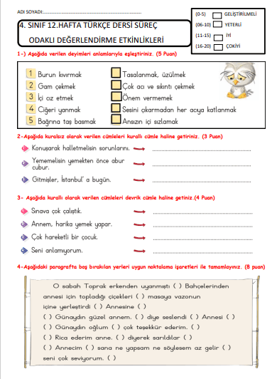 4. Sınıf Türkçe 12. Hafta Süreç Değerlendirme Çalışması