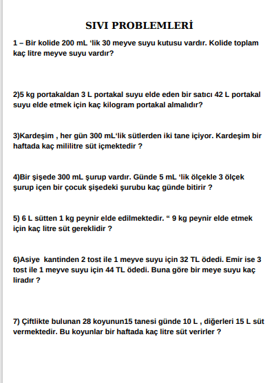 4. Sınıf Matematik Sıvı Problemleri