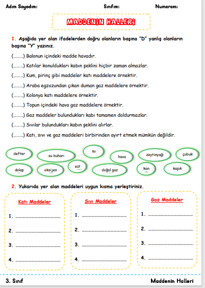 3. Sınıf Maddenin Halleri Çalışma Kağıdı
