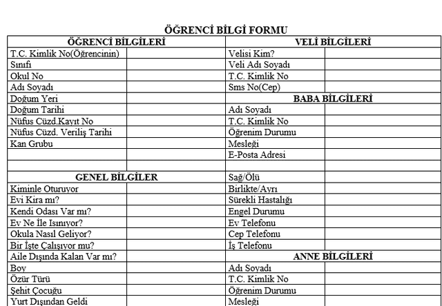 E-Okul Bilgi Formu