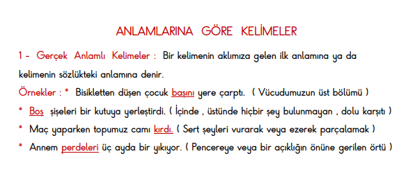 4. Sınıf Türkçe Gerçek Mecaz Ve Terim Anlamlı Kelimeler Çalışma Sayfaları