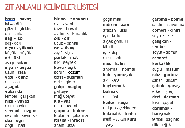 4. Sınıf Zıt Anlamlı Kelimeler Listesi