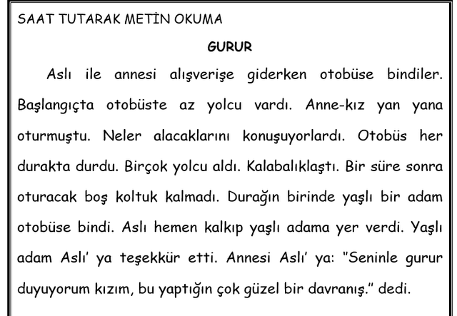 1. Sınıf Türkçe Süre Tutarak Okuma Yarışı Metni