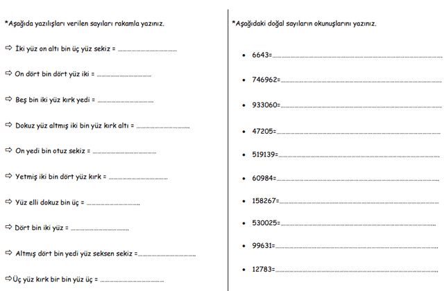 4. Sınıf Matematik 4,5 ve 6 Basamaklı Sayıların Yazılışı Okunuşu Etkinlik