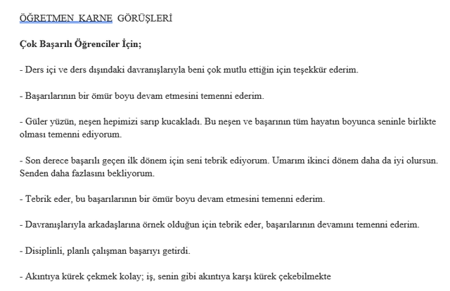 Öğretmen Karne Görüşleri 1. Dönem 