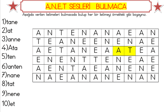 1.Sınıf ANET Sesleri Bulmaca 