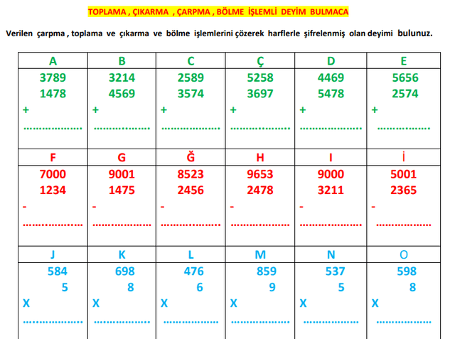 4. Sınıf Matematik Toplama, Çıkarma, Çarpma, Bölme İşlemli Deyim Bulmaca