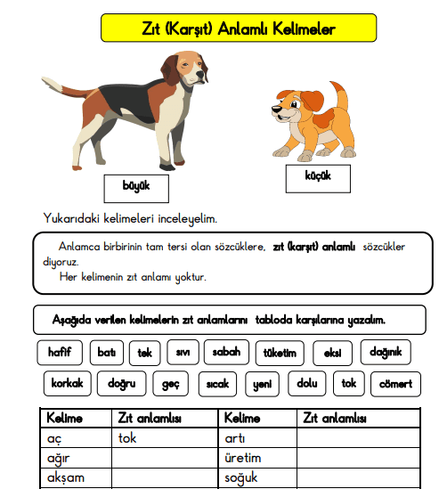 3. Sınıf Zıt Anlamlı Kelimeler Konu Anlatımı ve Etkinlik 