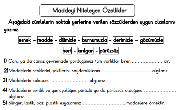  Maddeyi Niteleyen Özellikler Çalışma Sayfası 