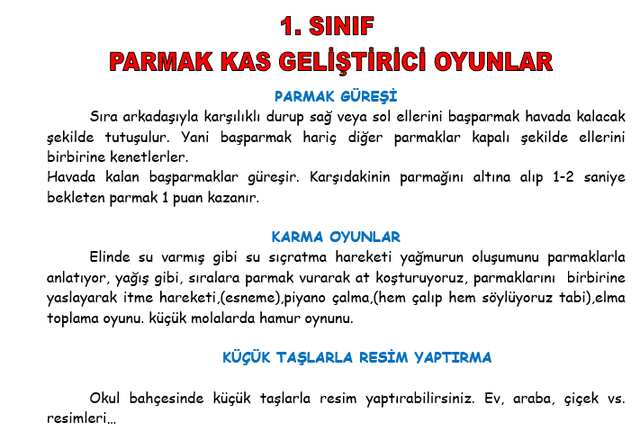 1. Sınıf Parmak Kas Geliştirici Etkinlikler/Oyunlar