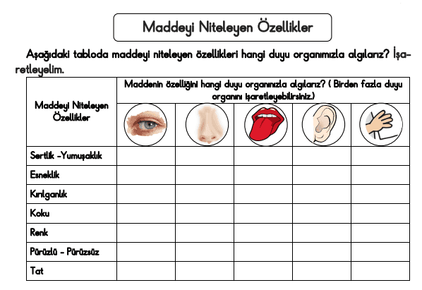 Maddeyi Niteleyen Özellikler Çalışma Sayfası 