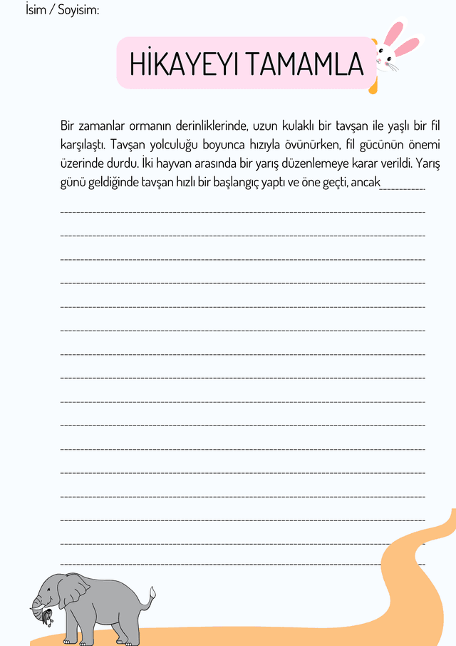 2. Sınıf Türkçe Tavşan ile Fil, Hikayeyi Tamamlama Çalışması