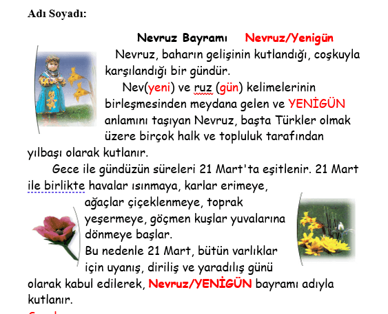2. Sınıf Türkçe Nevruz Bayramı Metni Çalışma Soruları
