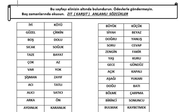 2. Sınıf Türkçe Zıt Anlamlı Sözcükler Listesi Deftere Yapıştırma