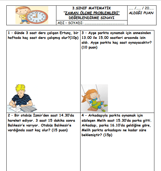 3. Sınıf Matematik Zaman Ölçme Problemleri (Değerlendirme Sınavı)