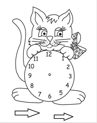 1. Sınıf Kedili Saat Boyama Şablonu Kes Yapıştır
